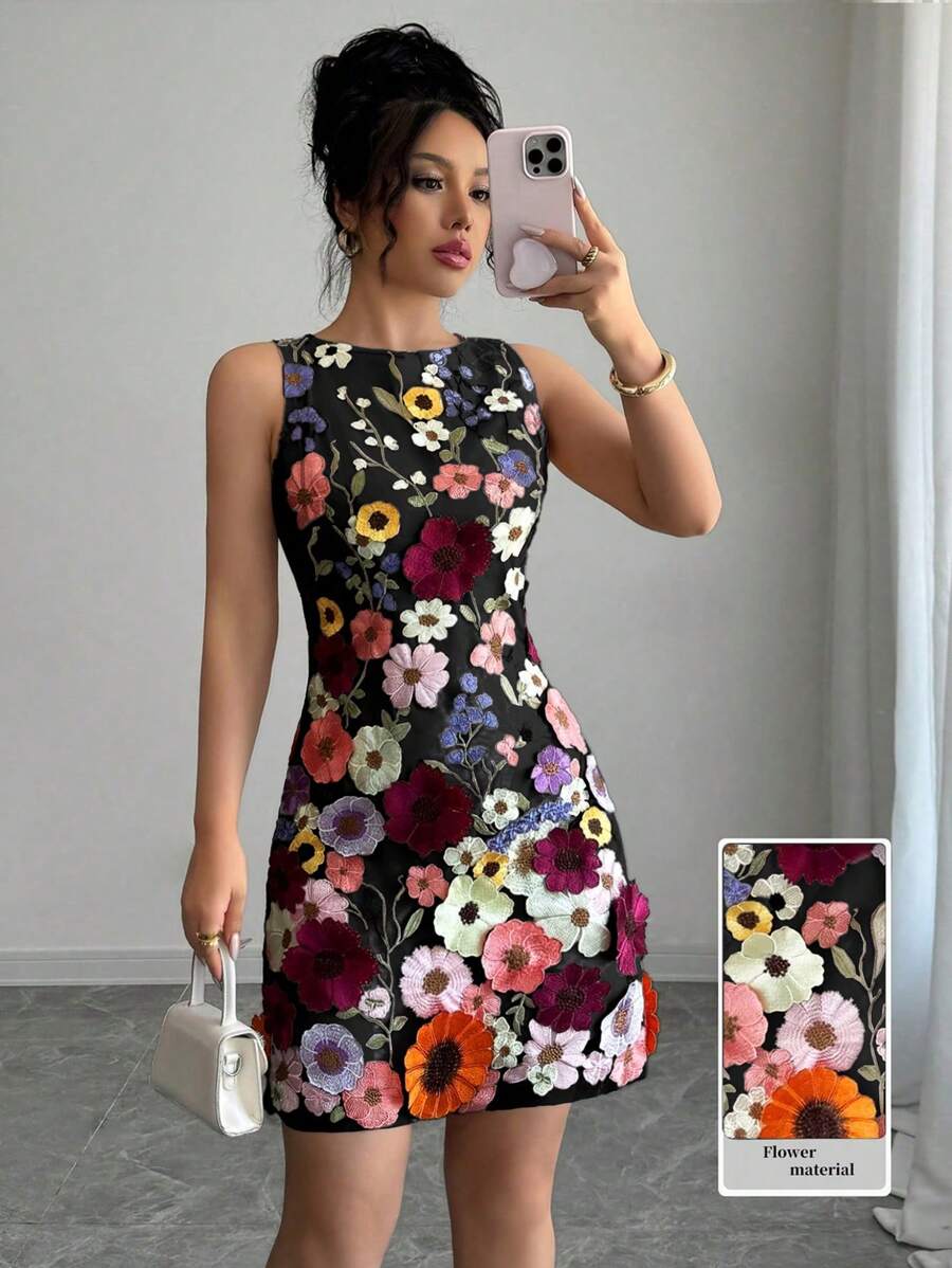 Rafferiza Women's Round Neck Sleeveless Elegant Floral Fitted Mini Skirt