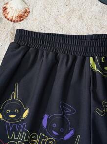 Teletubbies X SHEIN Tween Boy Cartoon Graphic Elastic Waist Summer Beach Swim Trunks - Black - View 5