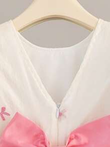 Glamorique Kids 女童简约蝴蝶结刺绣泡泡袖V领露背蝴蝶结装饰可拆卸蝴蝶结连衣裙，优雅公主裙，适合女孩表演、生日等场合，夏季公主裙，女童连衣裙，公主裙，蝴蝶结连衣裙 - 杏色 - 查看 8