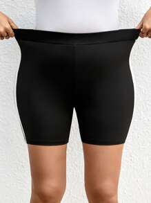 SHEIN LUNE 大码女式侧条纹休闲百搭短款紧身裤 - 黑色 - 查看 3