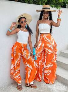 Tween Girl Spring & Summer Casual Tropical Plant Orange Print Ruffle Hem Super Wide Leg Pants , Mommy And Me Matching Outfits(2 Sets Are Sold Separately)