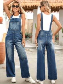 EMERY ROSE Women's Casual Denim Jumpsuit With Pockets And Button Design - Blue - View 1