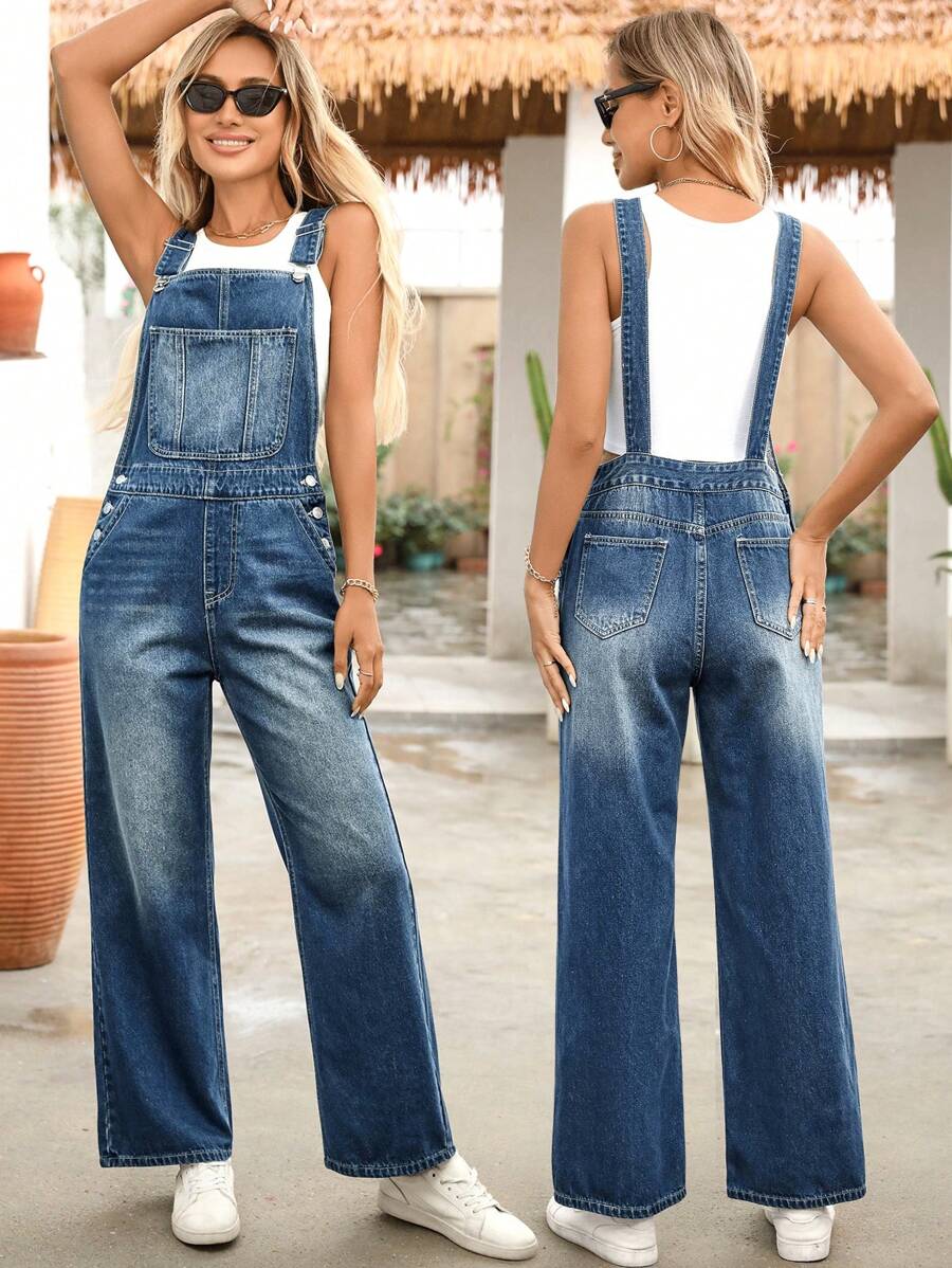 EMERY ROSE Women's Casual Denim Jumpsuit With Pockets And Button Design - Blue - View 1