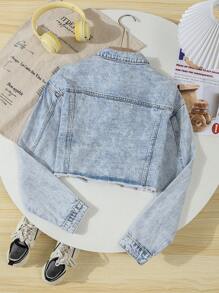 Teen Girls Washed Single-Breasted Ripped Long Sleeve Cropped Denim Jacket Fall Winter