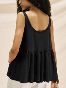 Easelle Women's Summer Pure Cotton Knit Patchwork A-Line Retro Casual Cami Top - Black - View 3