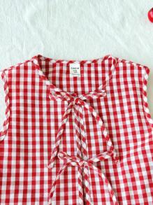 SHEIN Leap Crew Tween Girls Casual Plaid Ruffle Bowknot Cami And Shorts 2 Pieces Set - Red - View 5