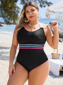 Swim Lushoire 2pcs Plus Size Women Solid Black Contrast Color Fashionable Retreat/Everyday Adjustable Strap Tummy Control Tankini Swimsuit For Summer Beach Vacation