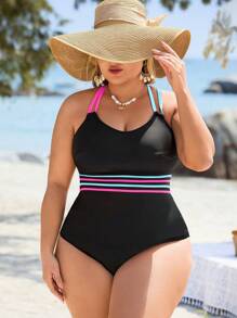 Swim Lushoire 2pcs Plus Size Women Solid Black Contrast Color Fashionable Retreat/Everyday Adjustable Strap Tummy Control Tankini Swimsuit For Summer Beach Vacation