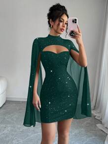 Elenzga Vestido mini elegante de unicolor con cuello alto y diseño hueco para mujer - Verde Oscuro - Ver 7