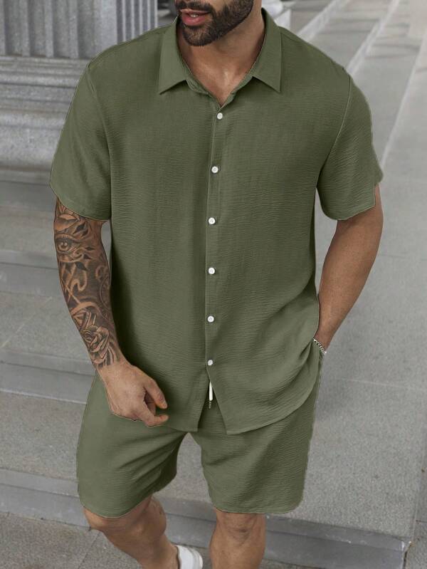 Manfinity Homme 2 Stücke/Set Herren Große Größen Einfarbiges Kurzarm Hemd und Cargo Shorts Set