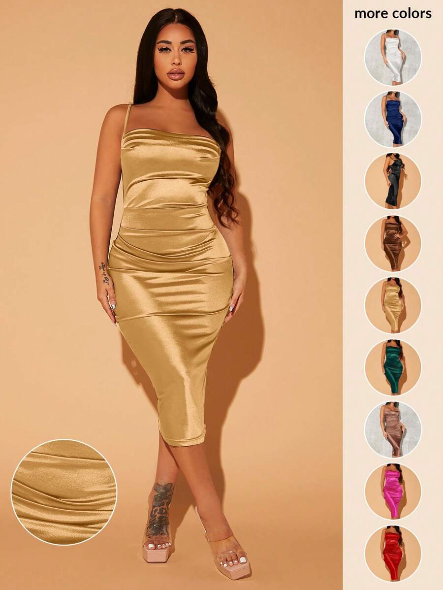 SHEIN SXY Vestido Camisero De Satén Plisado De Color Liso - Dorado - Ver 1