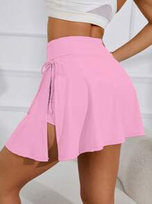 SHEIN Sovereign Charm Solid Color Criss-Cross Wrap Knot High Waist Summer Sports Skirt Shorts - Pink - View 2