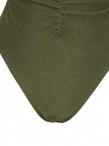 Swim Oasis 2件套海滩度假性感纯色V领褶饰细肩带连体泳衣和前开叉半身裙套装