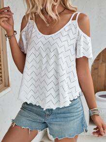 SHEIN LUNE Camiseta de mujer de verano minimalista de unicolor con bordado calado y hombros descubiertos