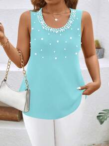 EMERY ROSE Plus Size Women Summer Casual Beaded Tank Top - Baby Blue - View 1