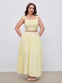 SHEIN MOD Yellow Romantic Top And Long Maxi Skirt 2 Pieces Set, Vintage Elegant Plus Size Vacation Outfit - Yellow - View 1