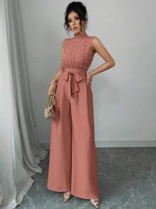 Top sin mangas con cuello alto y cintura ceñida en color amarillo mantequilla, con pantalón ancho de pierna ancha, mono cómodo, adecuado para primavera/verano/otoño/invierno, elegante, vestidos de noche, apropiado para uso diario, pantalones con cordón/casual elegante/vuelta al colegio/invierno, Acción de Gracias, temporada de bodas/vestido de cóctel corto/dama de honor/vestidos africanos para mujer - Rosa vieja - Ver 4