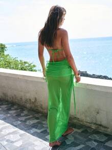 Swim Vcay 3pcs Women's Summer Beach Party Solid Color Halter Triangle Bikini Top, Side Tie With Circle Decor Bottom And Mermaid Hem Skirt Set - Green - View 2