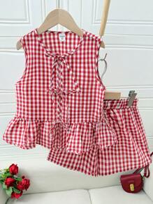 SHEIN Leap Crew Tween Girls Casual Plaid Ruffle Bowknot Cami And Shorts 2 Pieces Set - Red - View 4