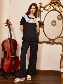 Côtesoire Women 2pcs Contrast Lace Ribbed Short Sleeve & Pants Pajama Set Holiday Season