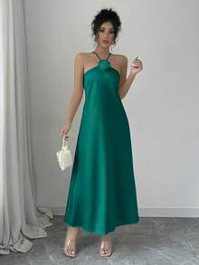 Selianne Đầm dài Maxi họa tiết hoa 3D thanh lịch ôm sát eo bằng vải satin cho nữ - màu xanh lá - Xem 4