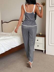 HautHeat 女士设计撞色条纹拼接V领休闲家居睡衣套装 - 黑與白 - 查看 2