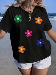 SHEIN EZwear 加大码加大码3D花卉贴花刺绣蝙蝠袖T恤，适合海滩度假