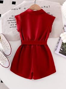 SHEIN 少女休闲短袖连体裤（配腰带） - 酒紅色 - 查看 2