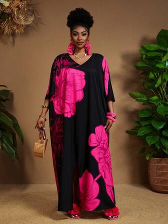 SHEIN CURVE+ Plusstorleksklänning för vår och sommar Casual elegans Bohemisk svart vävd V-ringad rak tubklänning Kaftanklänning Plusstorleksklänning Påskklänning Dam vårset, Curve Plus, Boho semester, solklänningar för kvinnor Strandkläder för kvinnor/Strandklänning/Strandsemesterkläder/Strandessentials/Examen/Tebjudningsklänning Sommar/Landsbygd/Strandsemesterkläder/Strandkläder/Strandkläder