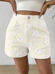 SHEIN Clasi Solid Color Random Print Elegant Straight Leg Shorts, Summer - Beige - View 3