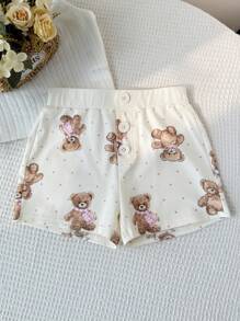 SHEIN Tween Girls' Streetwear Casual Knit Printed Straight Leg Shorts