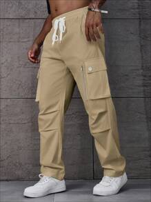 Manfinity Homme Plus Size Men's Casual Solid Color Drawstring Waist Cargo Pants - Khaki - View 3
