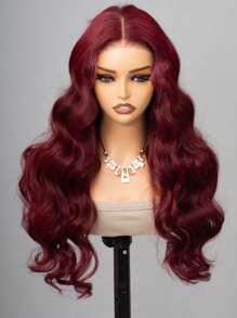 Wear&Go Glueless Curtain Bangs 99j Burgundy Body Wave Remy Human Hair Wig Pre- Plucked Bleach Knots Pre-Cut 6x5 Transparent Lace Closure Wigs 180% Density