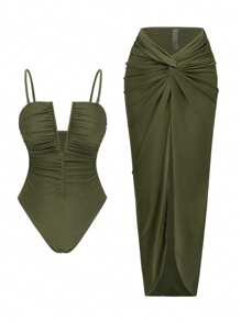 Swim Oasis 2件套海滩度假性感纯色V领褶饰细肩带连体泳衣和前开叉半身裙套装