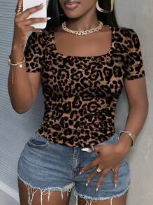 Slaydiva Áo thun nữ dáng rộng, rộng rãi, họa tiết sọc báo, thích hợp cho mùa hè - màu nâu - Xem 1