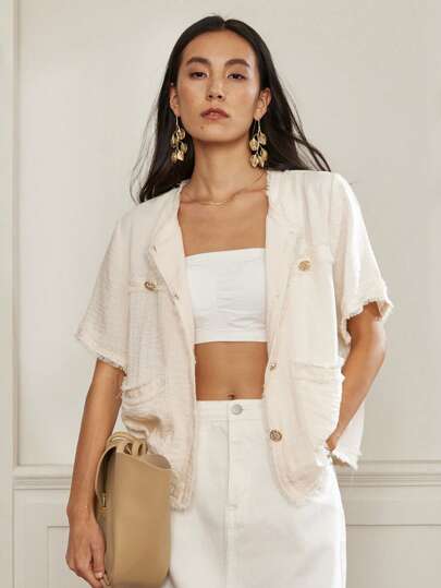 Dazy-Less Summer Women Solid Color Linen Loose Casual Tassels Trim Open Front Short Sleeve Shirt Blouse