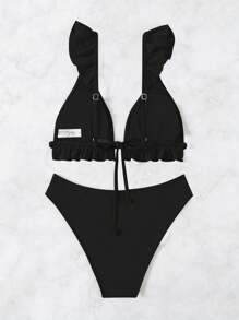SHEIN Swim 女士纯色黑色比基尼泳装套装，适合度假和海滩 - 黑色 - 查看 4