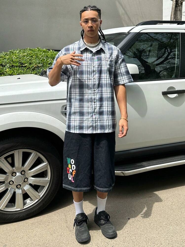 Summer Men's Plaid Loose Fit Hip Hop West Coast Style Button Up Shirt