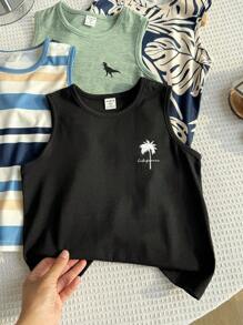 4pcs/Set Young Boy Summer Casual Versatile Comfortable Palm Tree,Leaf,Dinosaur Striped Print Round Neck Sleeveless Loose Knitted Top For School,Daily - Multicolor - View 6