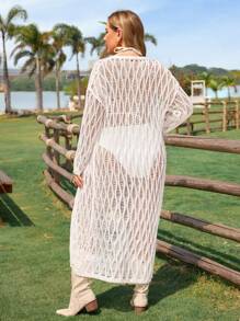 SHEIN Swim Curve Cardigan leggero bianco a uncinetto con laccio in vita, taglia comoda, da donna, design a traforo, coprispalle da spiaggia, abbigliamento da resort
