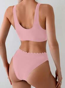 SHEIN Swim Women's Solid Color Curved Hem Sexy Bikini Set For Summer Beach - Pink - View 2