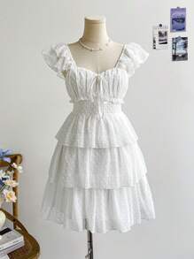 Soleia Women's Cottage Core White Polka Dot Tea Party Summer Mini Dress,Vacation Rural Floral Mesh Ruffle Spaghetti Strap Ruffled Hem,Wedding - White - View 1