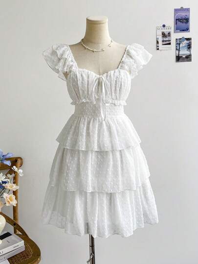 Soleia Women's Vacation Romantic Rural Floral Cutout Mesh Print Ruffle Spaghetti Strap Ruffled Hem Mini Dress, Suitable For Back To School, Wedding, Afternoon Tea, Party