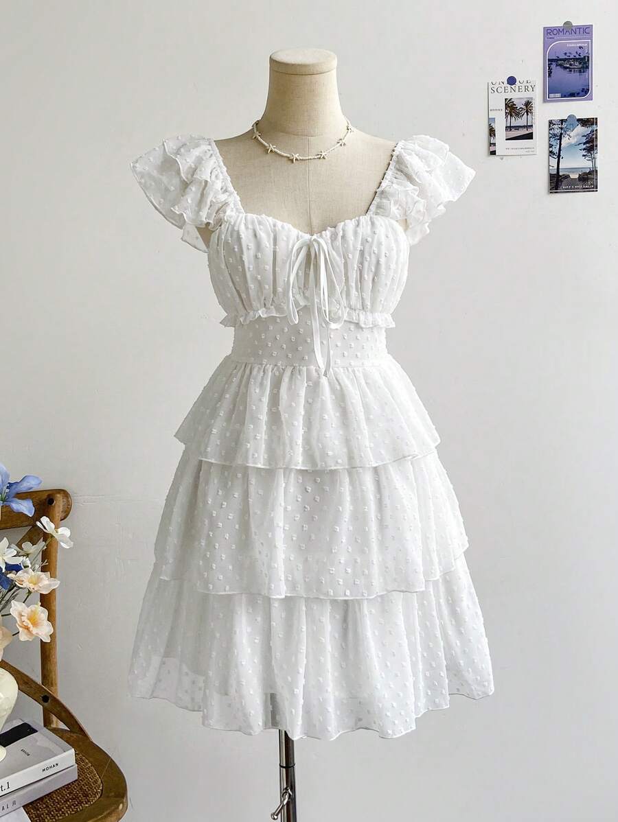 Soleia Women's Cottage Core White Polka Dot Tea Party Summer Mini Dress,Vacation Rural Floral Mesh Ruffle Spaghetti Strap Ruffled Hem,Wedding - White - View 1