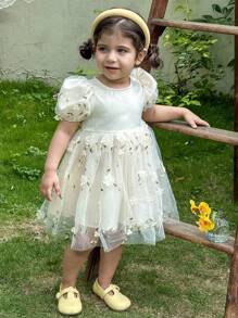 LMoss Kids Baby Girl Woven Tulle Puff Sleeve Round Neck Fitted Dress - Beige - View 1