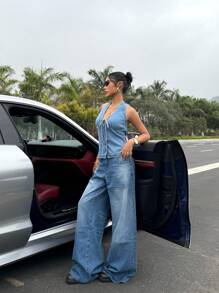 SHEIN EZwear 女士休闲日常水洗铆钉宽松阔腿牛仔裤