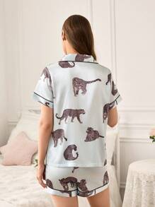 SHEIN Women Leopard Print Front Button Short Sleeve Top & Shorts Pajama Set - Baby Blue - View 2