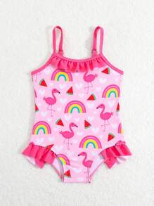 Baby Girl Cute Flamingo Print Ruffled One-Piece Swimsuit, Summer Beach Vacation - Hot Pink - View 6