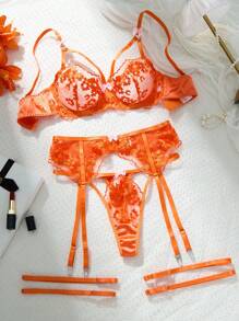 SHEIN Conjunto de 3 piezas de lencería sexy bordada para mujer, para primavera/verano