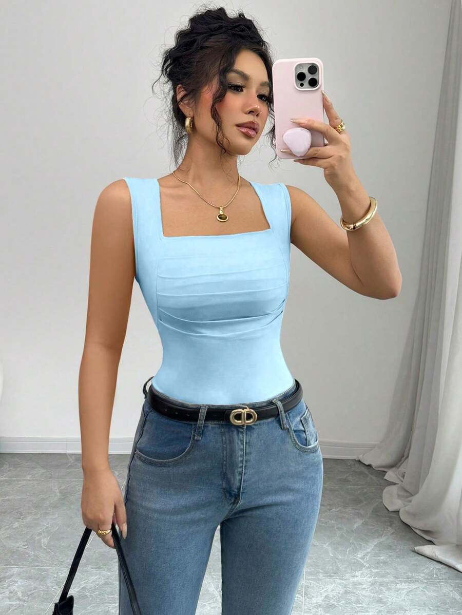 Selianne 女式纯色方领褶饰修身休闲蓝色背心 - 藍色 - 查看 1